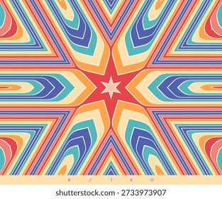 Esta Imagen caleidoscópica simétrica presenta una estrella central y patrones radiales que se extienden desde ella. Fondo geométrico Abstractas. Plantilla de diseño de la cubierta. Ilustración vectorial.