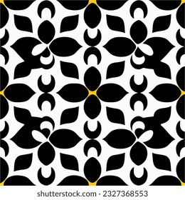Este patrón simétrico sin costura muestra una sorprendente combinación de flores negras y amarillas contra un fondo blanco limpio, que encarna una estética de arte abstracto de nouveau.