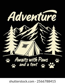 This t shirt design showcases a whimsical image of a camping scene, featuring a charming tent nestled amidst majestic mountains and a forest.