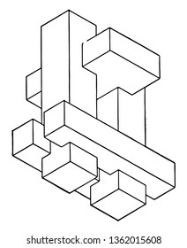In this table are combinations of geometric solids. Various types of geometric solids are stuck, vintage line drawing or engraving illustration.