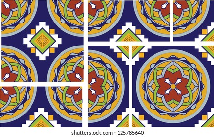 This talavera inspired spanish tile has intersecting circles with intricate floral patterns and a navajo like cross motif. This file includes 2 full square tiles, 2 half tiles and the quartered tile.