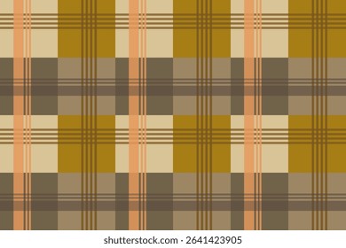 This tartan plaid fabric features warm tones of brown, mustard yellow, and peach, creating a classic and comfortable feel, suitable for fashion and home decor.