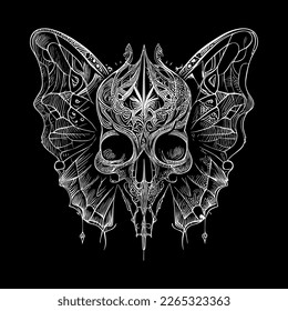 This tattoo features a skull with delicate butterfly wings, representing transformation and the fleeting nature of life. A fusion of beauty and death