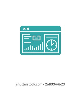 This teal vector graphic illustrates a dashboard with a data analytics chart and clock interface. Perfect for UI design, presentations, and business insights.