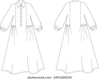 This technical drawing of the long front and back of the dress features precise and detailed elements, showcasing the silhouette, seam lines, and design details. Ideal for fashion designers and garmen