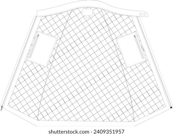 This technical drawing presents a detailed illustration of a men's motorcycle jacket with a robust and stylish design. Precise lines depict construction features and standout design elements.