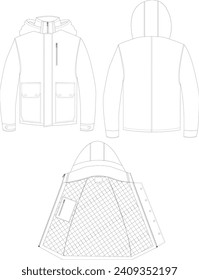 This technical drawing presents a detailed illustration of a men's outdoor jacket with a robust and stylish design. Precise lines depict construction features and standout design elements.