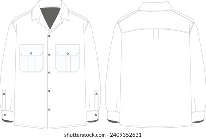 Este dibujo técnico presenta una ilustración detallada de una camisa de manga larga para hombres con un diseño clásico y funcional. Las líneas precisas representan los elementos de construcción y de diseño sobresaliente.