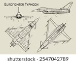 This technical drawing showcases a Eurofighter Typhoon fighter jet from multiple angles. The image features four detailed line drawings of the aircraft.