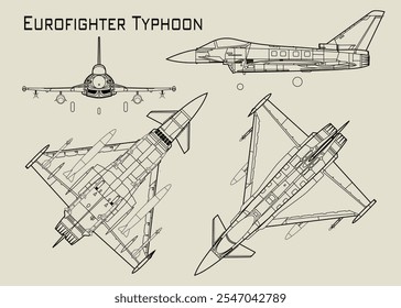 Este dibujo técnico muestra un avión de combate Eurofighter Typhoon desde múltiples ángulos. La Imagen cuenta con cuatro planos detallados de la aeronave.