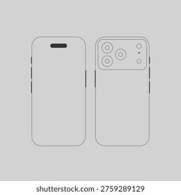This technical drawing showcases a smartphone from both the front and back, highlighting its sleek design and camera lenses. The vector provides a detailed view of the device's features, making it suitable for use in technical documentation, marketing materials, or educational resources. The gray background and minimalist style emphasize the phone's shape and details, allowing viewers to focus on its technical aspects.