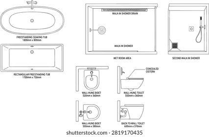 This technical vector blueprint collection illustrates top-view architectural floor plan symbols for modern bathroom fixtures, including freestanding tubs, walk-in showers, bidets, and toilets with standard dimensions. Ideal for architectural drafting, interior design presentations, CAD planning, and bathroom remodeling projects.