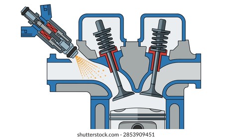 This technical vector illustration depicts a detailed cross-section of an automotive engine cylinder. It shows the fuel injection process where a fuel injector sprays a fine mist of gasoline into the intake runner. The diagram includes intake and exhaust valves with springs, the cylinder head structure, the combustion chamber, and the top of the piston.