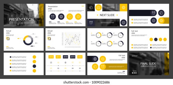 This template is the best as a business presentation, used in marketing and advertising, flyer and banner, the annual report. Yellow and Black elements on a dark grey background
