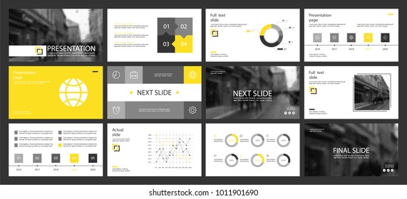 This template is the best as a business presentation, used in marketing and advertising, flyer and banner, the annual report. Yellow and Black elements on a dark grey background
