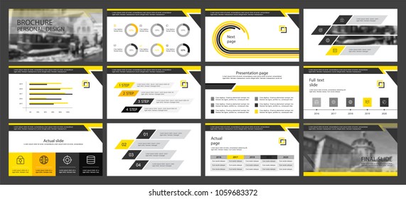 This template is the best as a business presentation, used in marketing and advertising, flyer and banner, the annual report. Yellow and black elements on a dark grey background
