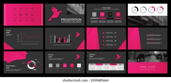 This template is the best as a business presentation, used in marketing and advertising, flyer and banner, the annual report. Pink and black elements on a dark grey background
