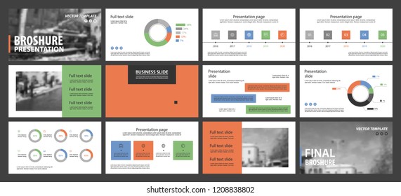 This template is the best as a business presentation, used in marketing and advertising, flyer and banner, the annual report. Orange, blue, green and black elements on a dark grey background
