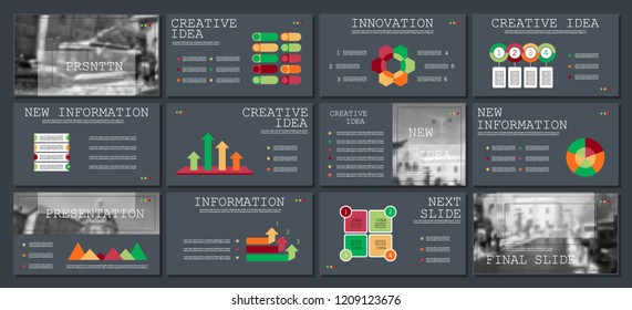 This template is the best as a business presentation, used in marketing and advertising, flyer and banner, the annual report. Grey, orange, red and black elements on a dark blue background
