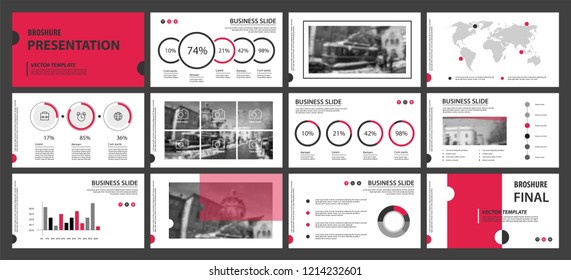 This template is the best as a business presentation, used in marketing and advertising, flyer and banner, the annual report. Grey, red and black elements on a dark grey background
