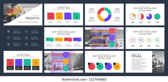 This template is the best as a business presentation, used in marketing and advertising, flyer and banner, the annual report. Green, red, yellow, blue and black elements on a dark grey background
