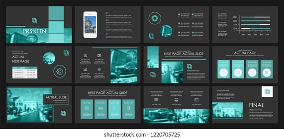 This template is the best as a business presentation, used in marketing and advertising, flyer and banner, the annual report. Turquoise, grey and black elements on a dark grey background
