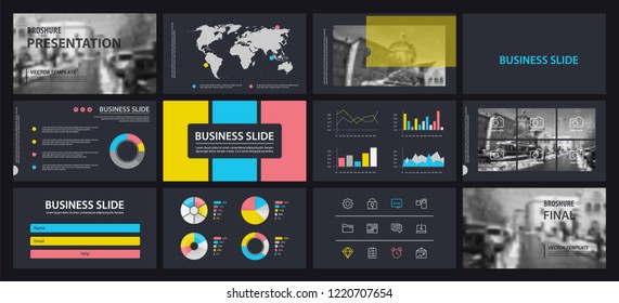 This template is the best as a business presentation, used in marketing and advertising, flyer and banner, the annual report. Grey, pink, yellow, blue and black elements on a dark grey background
