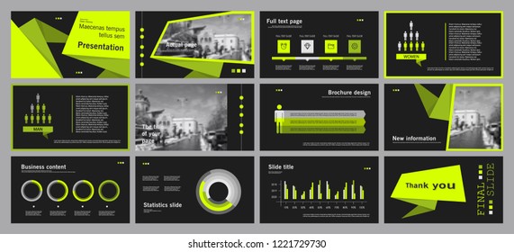 This template is the best as a business presentation, used in marketing and advertising, flyer and banner, the annual report. Green, grey and black elements on a dark grey background
