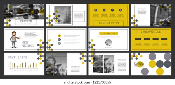 This template is the best as a business presentation, used in marketing and advertising, flyer and banner, the annual report. Grey, yellow and black elements on a dark grey background
