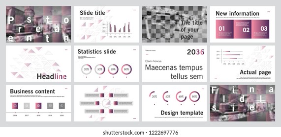 This template is the best as a business presentation, used in marketing and advertising, flyer and banner, the annual report. Grey, purple, pink and black elements on a dark grey background
