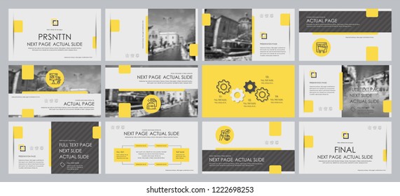 This template is the best as a business presentation, used in marketing and advertising, flyer and banner, the annual report. Grey, yellow and black elements on a dark grey background
