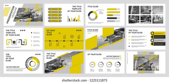 This template is the best as a business presentation, used in marketing and advertising, flyer and banner, the annual report. Grey, yellow and black elements on a dark grey background