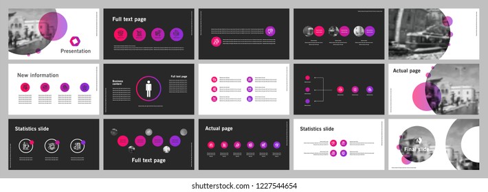 Esta plantilla es la mejor como presentación de negocios, utilizada en marketing y publicidad, volante y banner, el informe anual. Elementos grises, rosas, violetas y negros sobre un fondo gris oscuro
