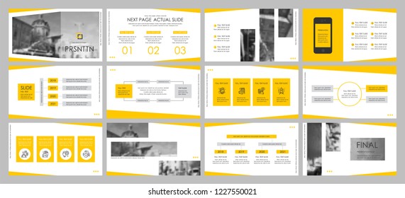 This template is the best as a business presentation, used in marketing and advertising, flyer and banner, the annual report. Grey, yellow and black elements on a dark grey background
