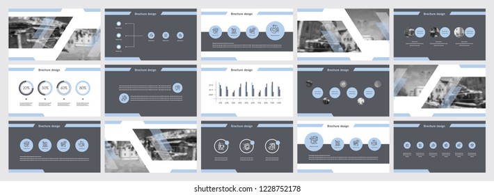 This template is the best as a business presentation, used in marketing and advertising, flyer and banner, the annual report. Grey, blue and black elements on a dark grey background
