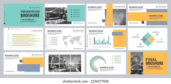 This template is the best as a business presentation, used in marketing and advertising, flyer and banner, the annual report. Grey, turquoise, yellow and black elements on a dark grey background
