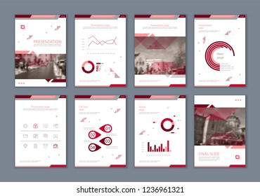 This template is the best as a business presentation, used in marketing and advertising, flyer and banner, the annual report. Grey, multicolored, burgundy and black elements on a dark grey background
