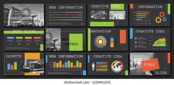 This template is the best as a business presentation, used in marketing and advertising, flyer and banner, the annual report. Grey, multicolored, burgundy and black elements on a dark grey background
