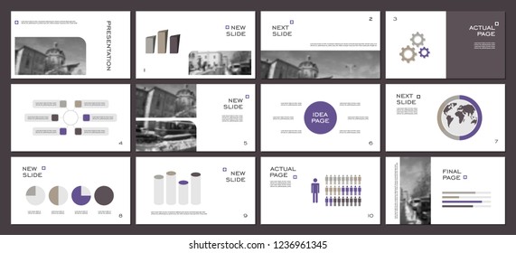 Esta plantilla es la mejor como presentación de negocios, utilizada en marketing y publicidad, volante y banner, el informe anual. Elementos grises, multicolores, burdeos y negros sobre un fondo gris oscuro
