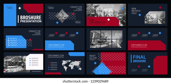 This template is the best as a business presentation, used in marketing and advertising, flyer and banner, the annual report. Grey, red, blue and black elements on a dark grey background
