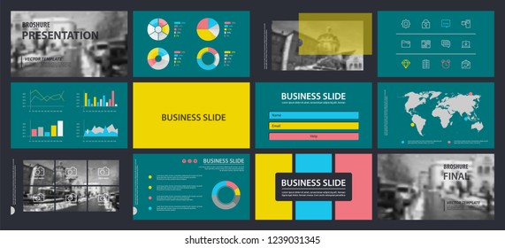 This template is the best as a business presentation, used in marketing and advertising, flyer and banner, the annual report. Grey, pink, blue, yellow and black elements on a dark grey background

