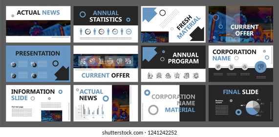 This template is the best as a business presentation, used in marketing and advertising, flyer and banner, the annual report. Grey, blue and black elements on a dark grey background
