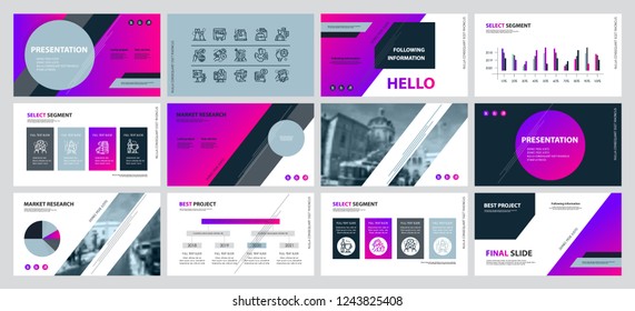 Esta plantilla es la mejor como presentación de negocios, utilizada en marketing y publicidad, volante y banner, el informe anual. Gradiente gris, rosa, violeta y elementos negros en un fondo gris oscuro
