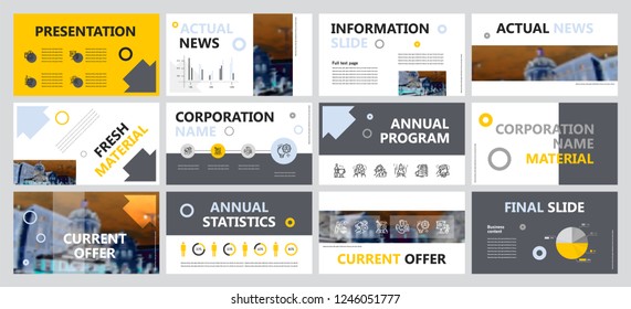 This template is the best as a business presentation, used in marketing and advertising, flyer and banner, the annual report. Grey, yellow, blue and black elements on a dark grey background
