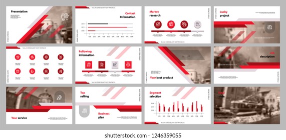 This template is the best as a business presentation, used in marketing and advertising, flyer and banner, the annual report. Grey, red and black elements on a dark grey background
