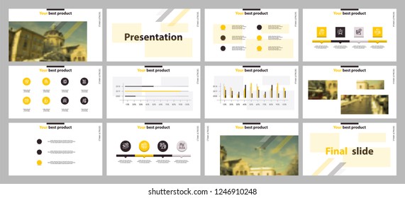 This template is the best as a business presentation, used in marketing and advertising, flyer and banner, the annual report. Grey, yellow and black elements on a dark grey background
