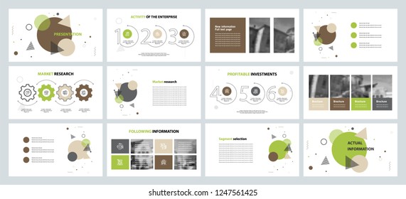 This template is the best as a business presentation, used in marketing and advertising, flyer and banner, the annual report. Grey, brown, green and black elements on a dark grey background
