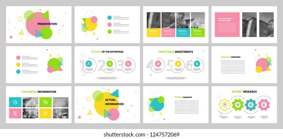 This template is the best as a business presentation, used in marketing and advertising, flyer and banner, the annual report. Grey, yellow, pink, blue, green, black elements on a dark grey background

