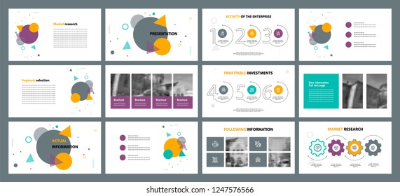 This template is the best as a business presentation, used in marketing and advertising, flyer and banner, the annual report. Grey, yellow, violet, turquoise, black elements on a dark grey background