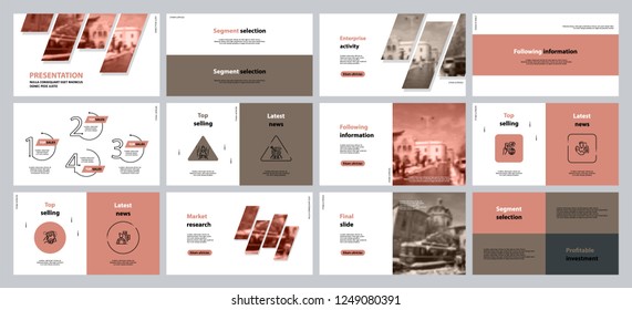 This template is the best as a business presentation, used in marketing and advertising, flyer and banner, the annual report. Grey, pink, brown and black elements on a dark grey background

